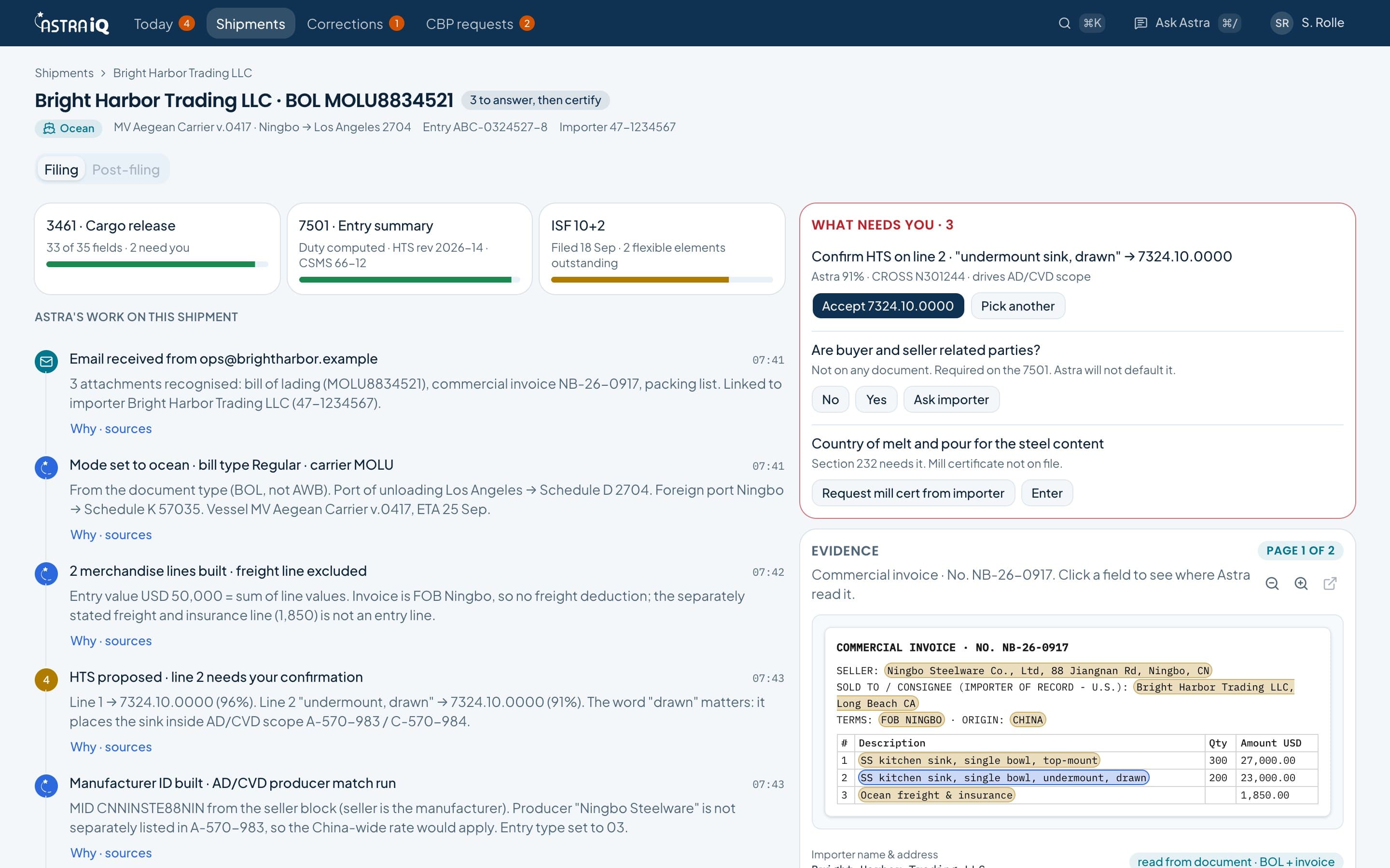 Astra IQ, one shipment: the three filings and their readiness, Astra IQ's steps with sources, what needs the broker, and the invoice it read