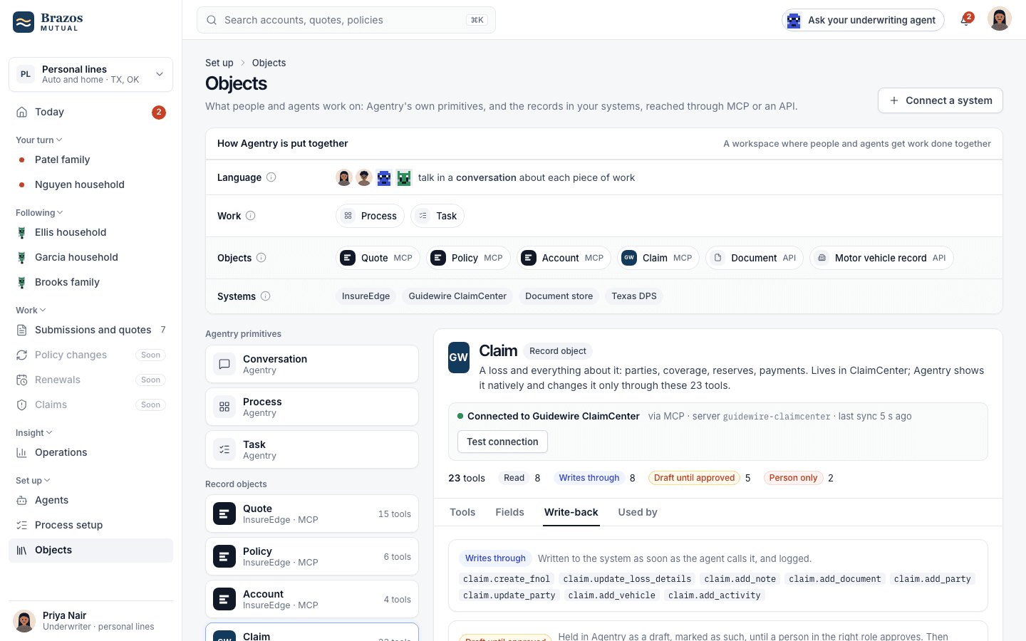 Workbench: A claim from the core, the tools agents may use on it, and its write-back policy.