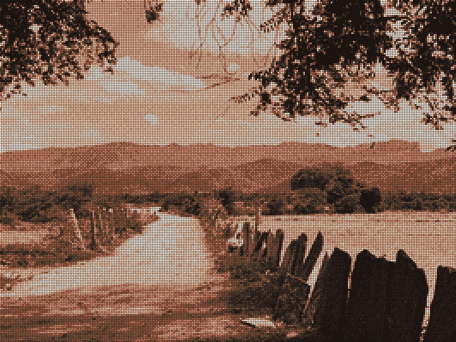 A village road in Andhra Pradesh, between stone fences and fields, with hills behind, drawn in warm squares